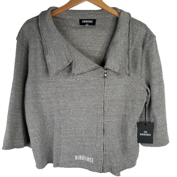 Birdiebee Gray Fleece Knit Front Zip Raw Hem Hi Lo Graphic Jacket Sz S. - Picture 1 of 8